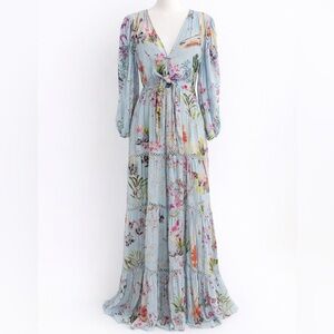 Anthropologie Hemant & Nandita Light Blue Floral Beaded Maxi Dress Size Large